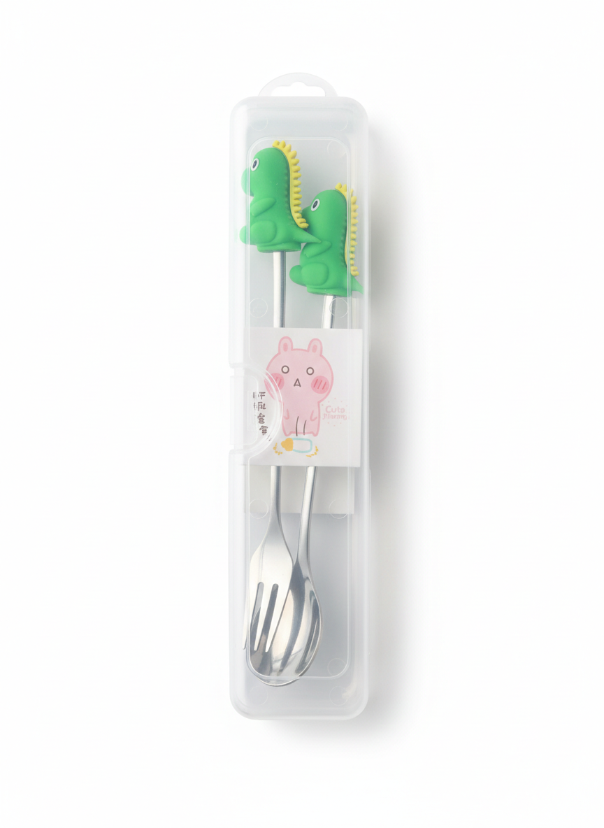 PokuPop Kids Spoon and Fork Set with Case |Green Dino Stainless Steel Cutlery Set for Children | Cartoon Handle Self Feeding Training Set | Portable Travel Case Included