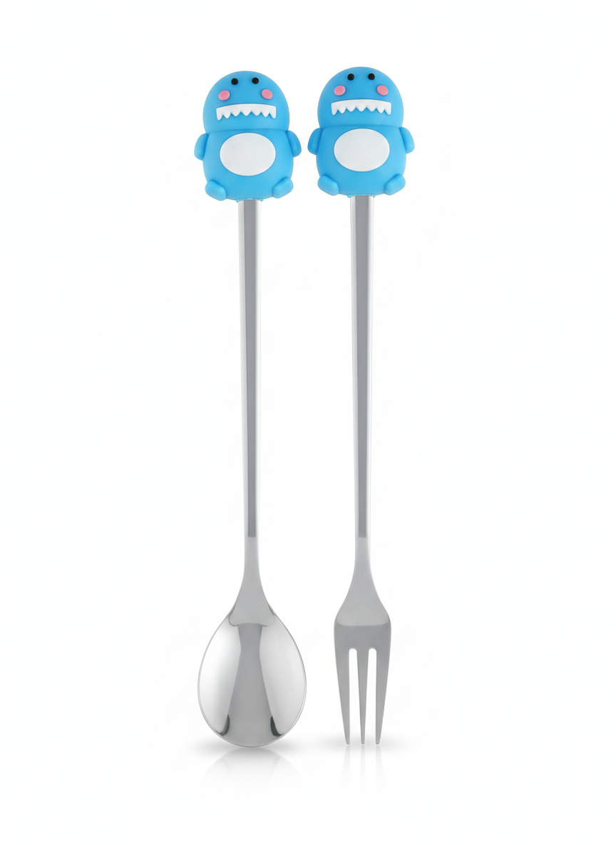 PokuPop Kids Spoon and Fork Set with Case |Blue Dino Stainless Steel Cutlery Set for Children | Cartoon Handle Self Feeding Training Set | Portable Travel Case Included