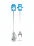 PokuPop Kids Spoon and Fork Set with Case |Blue Dino Stainless Steel Cutlery Set for Children | Cartoon Handle Self Feeding Training Set | Portable Travel Case Included