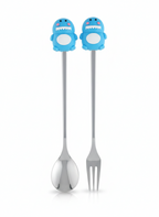PokuPop Kids Spoon and Fork Set with Case |Blue Dino Stainless Steel Cutlery Set for Children | Cartoon Handle Self Feeding Training Set | Portable Travel Case Included