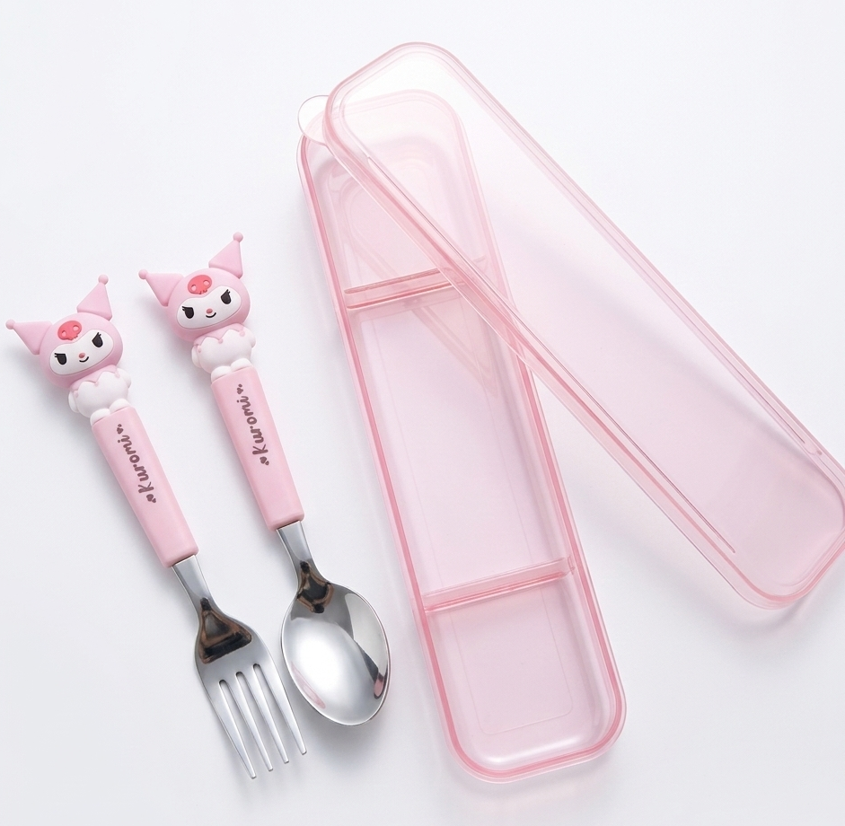 Kuromi Pink  Kids Spoon & Fork Set with Case | Cute Cartoon Stainless Steel Cutlery | Travel Lunch Box Utensils for Toddlers, Girls & School Kids