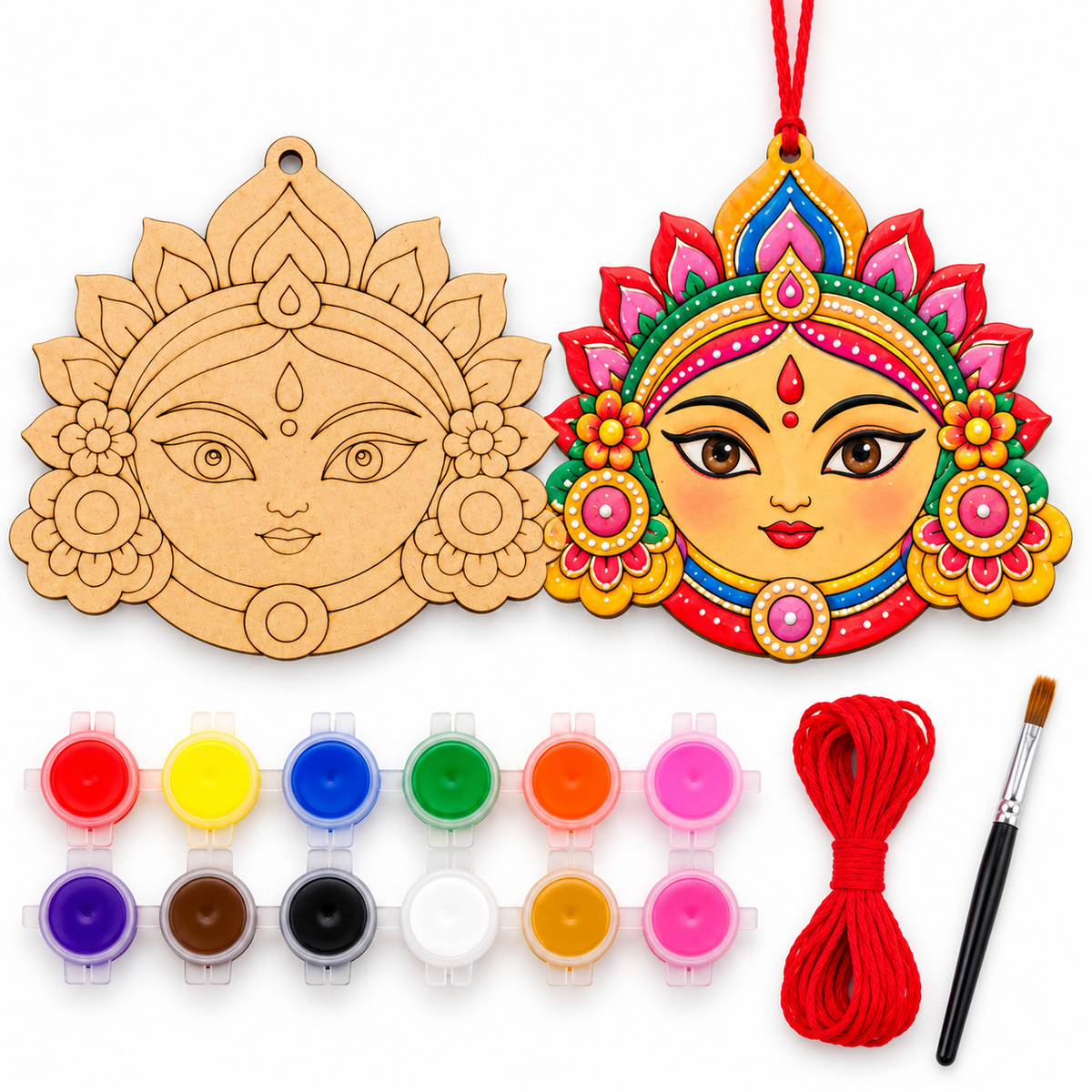 PokuPop DIY Durga Maa Wooden Hanging Painting Kit with 12 Tempera Colours, Brush & Red Thread | 4 Inch Religious Craft Activity | Kanya Pujan, Navratri & Durga Puja Return Gift(Pack of 11)