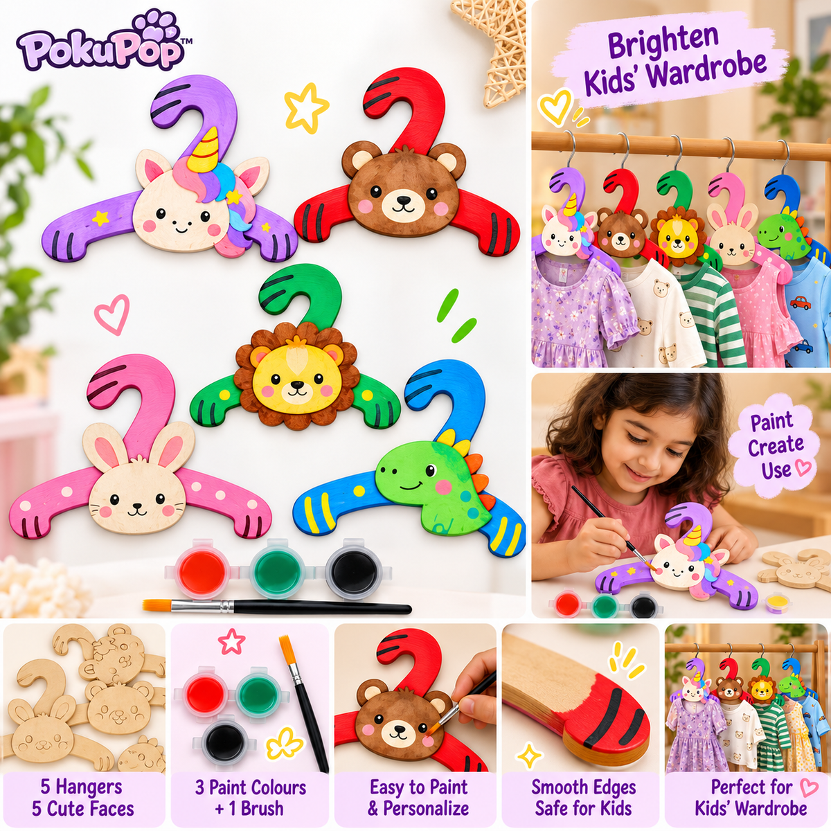 PokuPop DIY Wooden Hanger Painting Kit for Kids (Real 12-Inch Utility Size) | Creative Return Gifts, Kanya Pujan, NGO & School Craft Activities | Includes 3.5-Inch Animal Cutout, 3 Vibrant Shades, 1 Brush(Pack of 5)