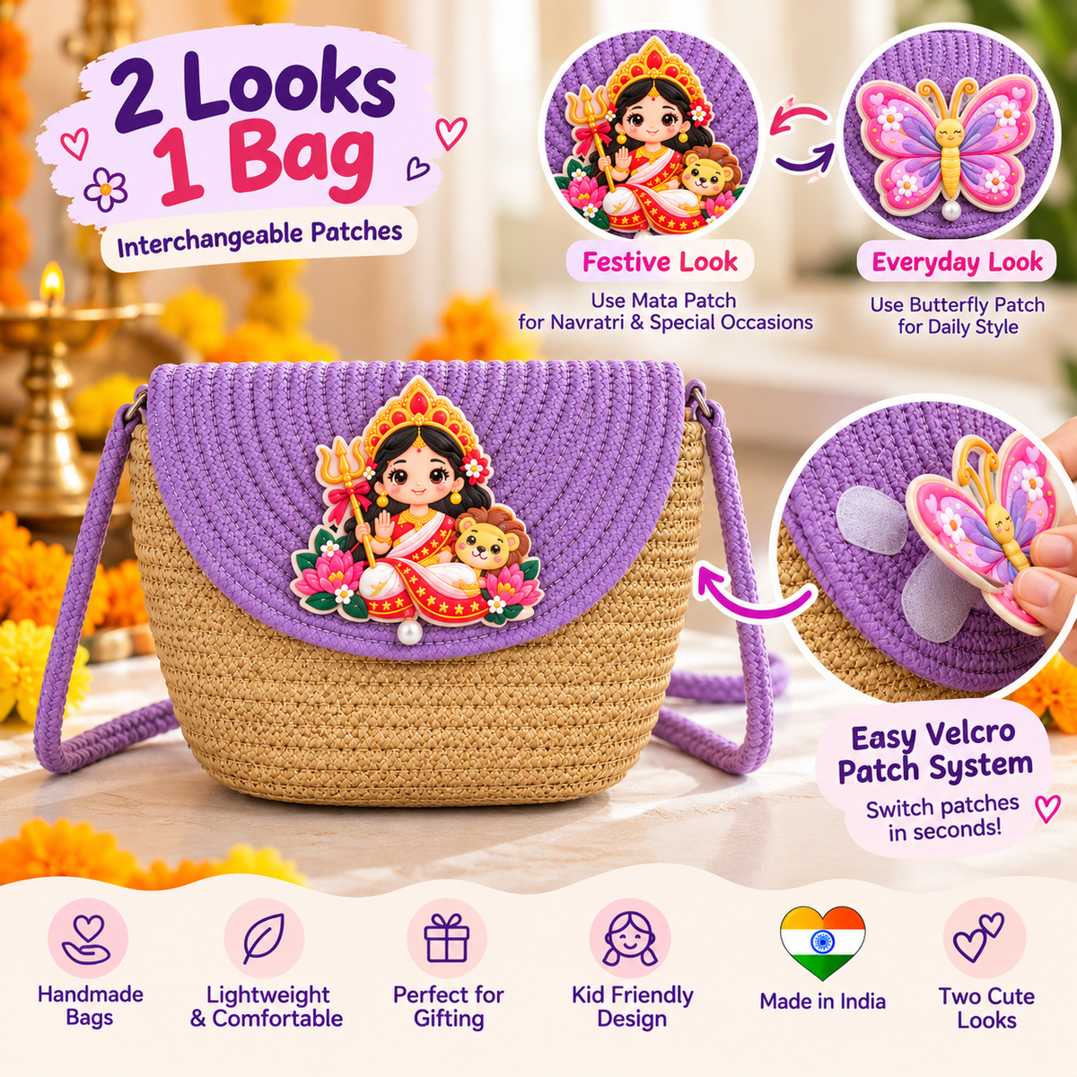 Girls Sling Bags Multicolour Pack of 5, Cute Woven Crossbody Handbags for Kids, Navratri Kanya Pujan Kanjak Gifts, Festive Return Gifts for Girls