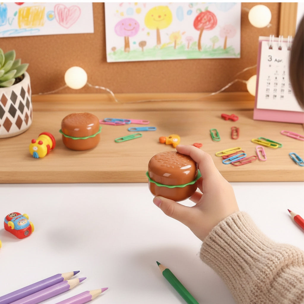 Burger Shape Double Hole Pencil Sharpener for Kids | Cute Cartoon Hamburger Sharpener | School Stationery | Birthday Return Gift Toy (Pack of 2)