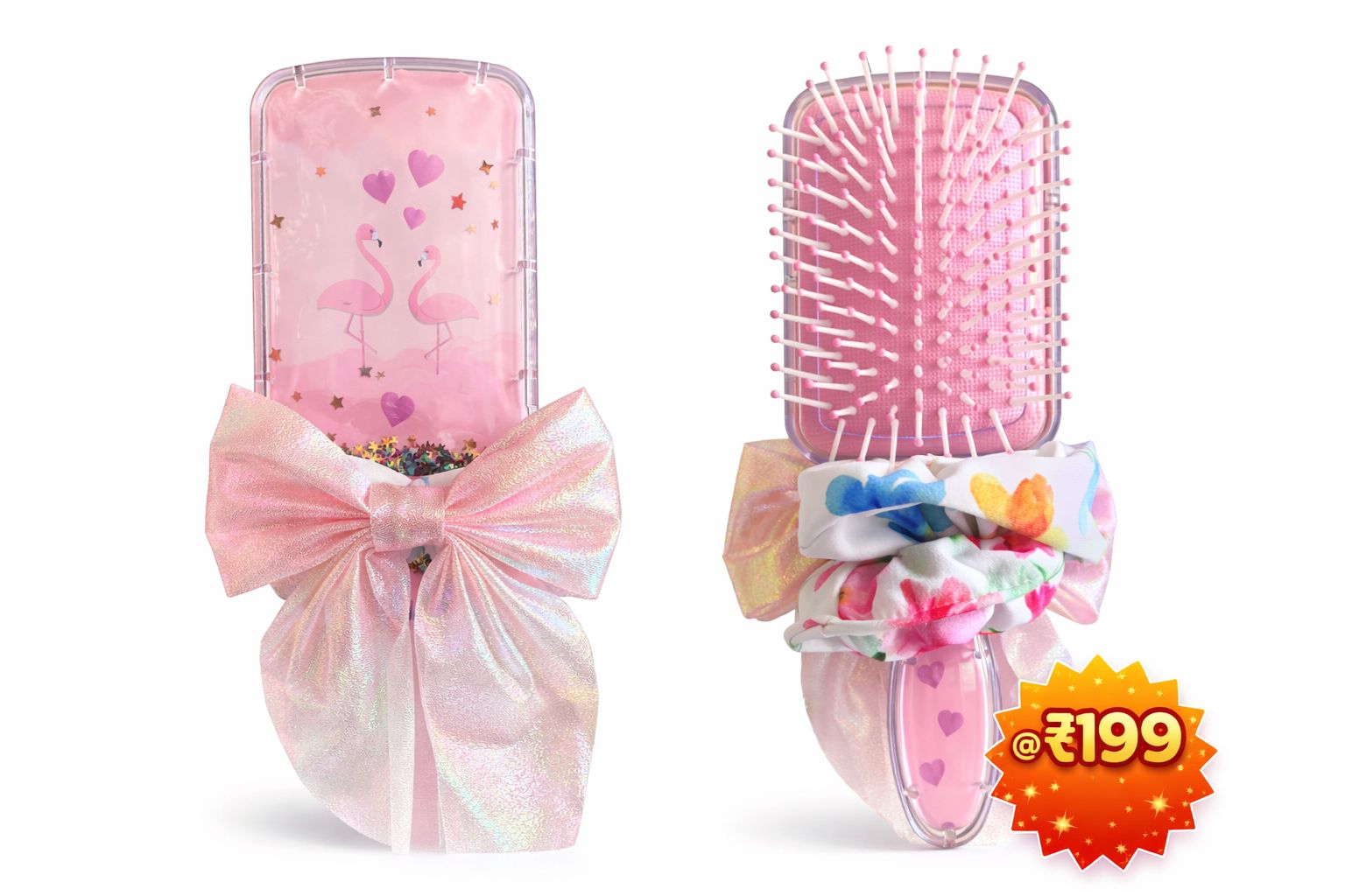 Kids Hairbrush + Scrunchie + Shimmering Bow Hair Clip | Girls Hair Accessories Gift Set | Kanya Pujan Return Gift | Navratri Kanjak Gifts | Birthday Return Gift for Girls