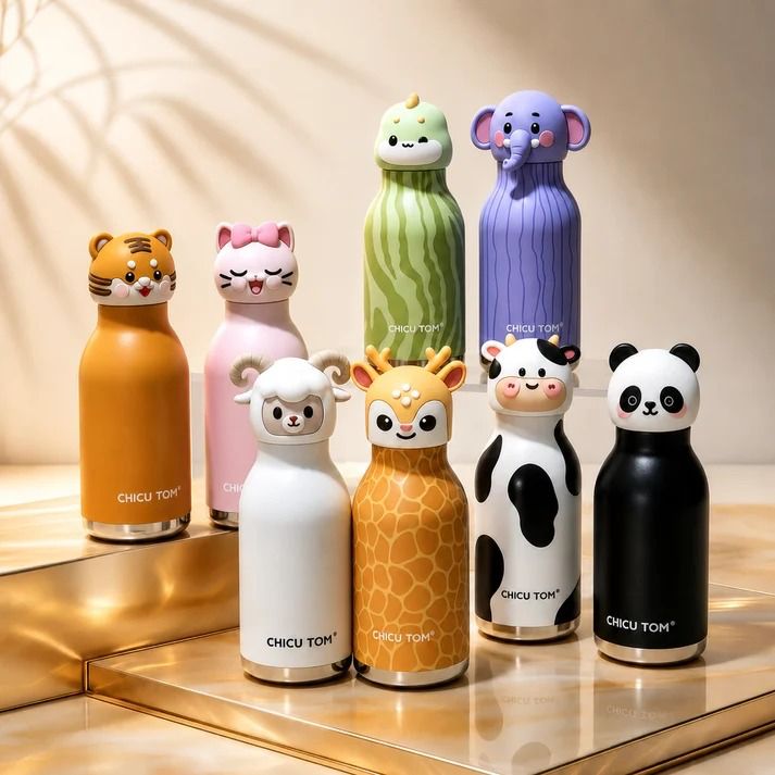 3D Chicu Tom Animal Insulated Stainless Steel Water Bottle, 480ml, Safari Theme, Leak Proof Vacuum Flask for Kids and Adults