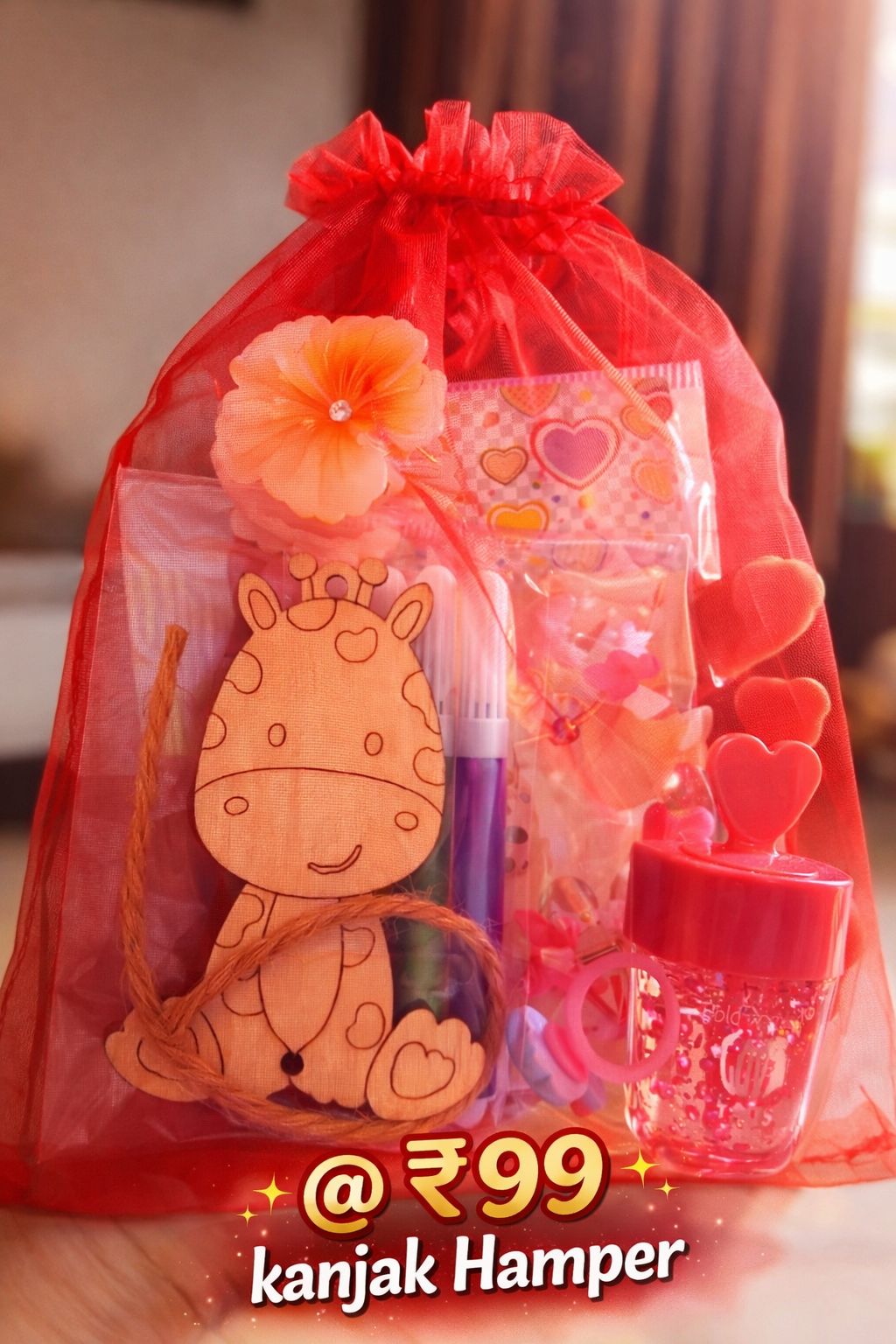 Kanya Pujan Gift Hamper for Girls | Navratri Return Gift Set with Bracelets, Lip Gloss, Finger Ring, Hair Clutcher & MDF Painting Kit | Durga Puja Kanjak Gift