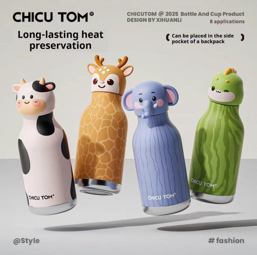 3D Chicu Tom Animal Insulated Stainless Steel Water Bottle, 480ml, Safari Theme, Leak Proof Vacuum Flask for Kids and Adults