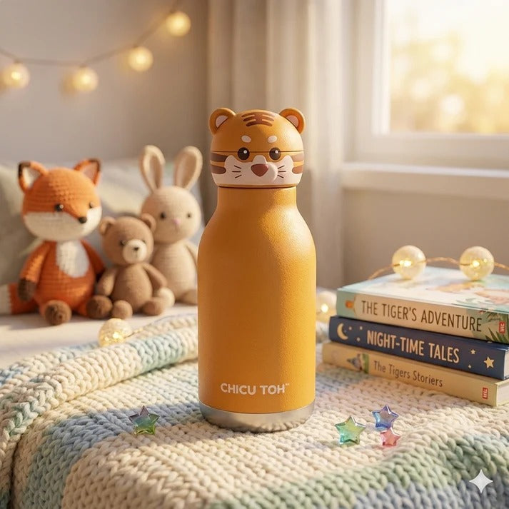 3D Chicu Tom Animal Insulated Stainless Steel Water Bottle, 480ml, Safari Theme, Leak Proof Vacuum Flask for Kids and Adults