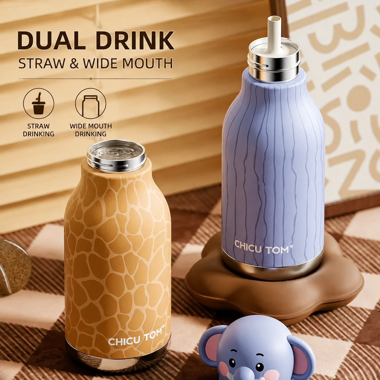 3D Chicu Tom Animal Insulated Stainless Steel Water Bottle, 480ml, Safari Theme, Leak Proof Vacuum Flask for Kids and Adults