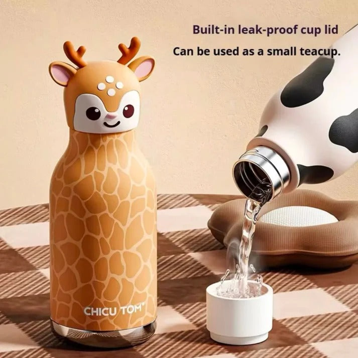 3D Chicu Tom Animal Insulated Stainless Steel Water Bottle, 480ml, Safari Theme, Leak Proof Vacuum Flask for Kids and Adults