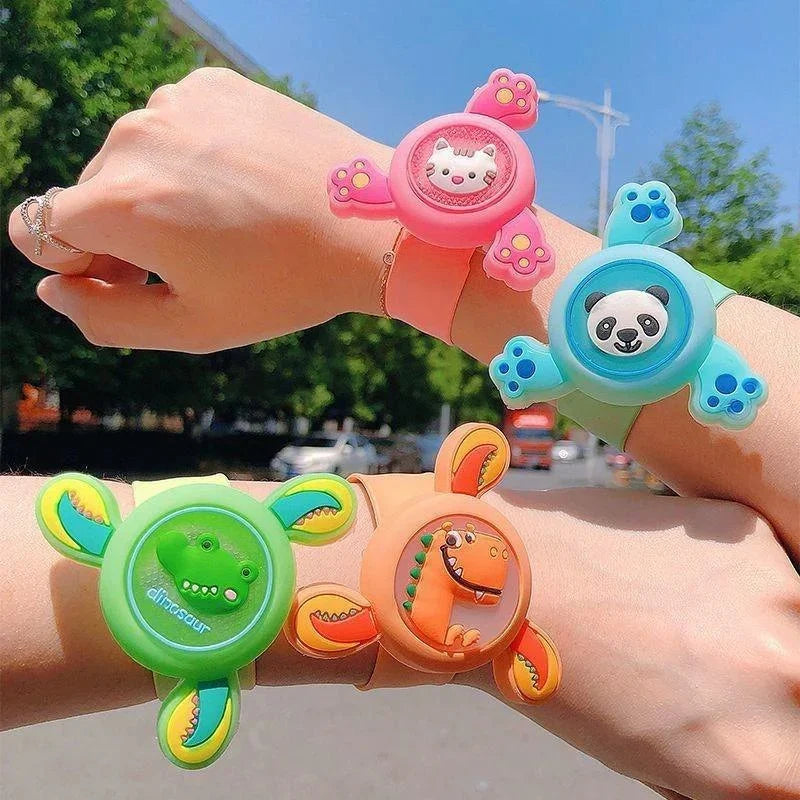 PokuPop Pack of 2 LED Light-Up Spinning Slap Bands for Kids – Cute Cartoon Fidget Spinner Wristband Rakhi for Brother & Sister | Glow-in-the-Dark Slap Bracelet Toys for Boys & Girls Birthday Return Gifts (Assorted)